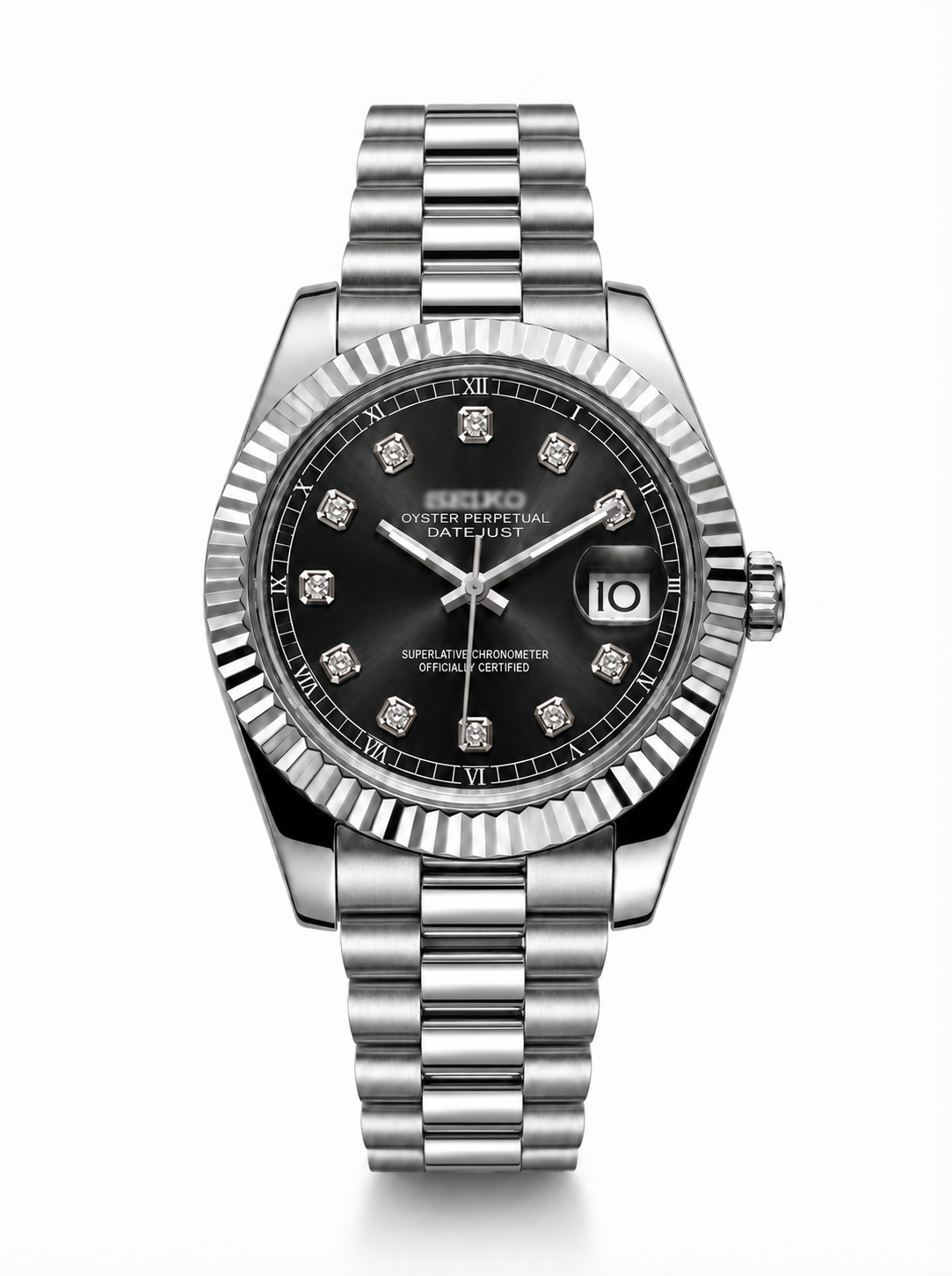 Datejust MOD Black Diamond Style Roman Dial — President bracelet