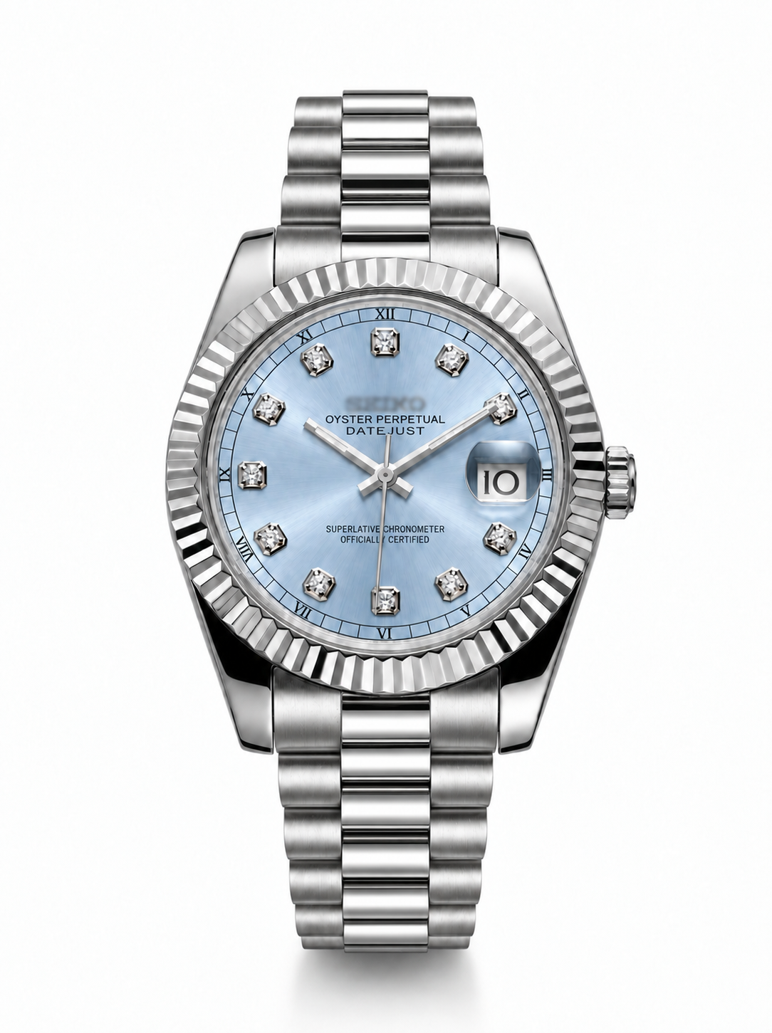 Datejust MOD Ice Blue Diamond Style Roman Dial — President bracelet