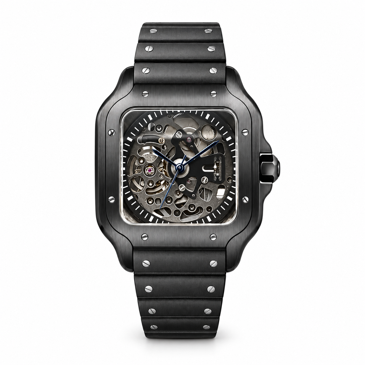Santos MOD Skeleton Black automatic watch on white background