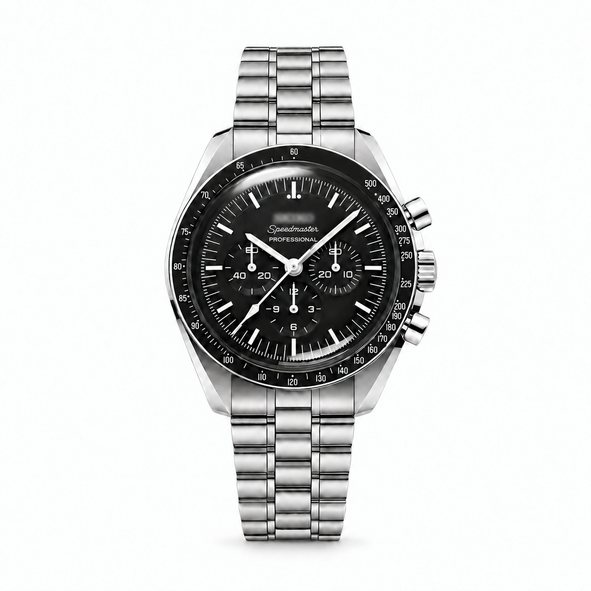 Speedmaster MOD Black chronograph on white background
